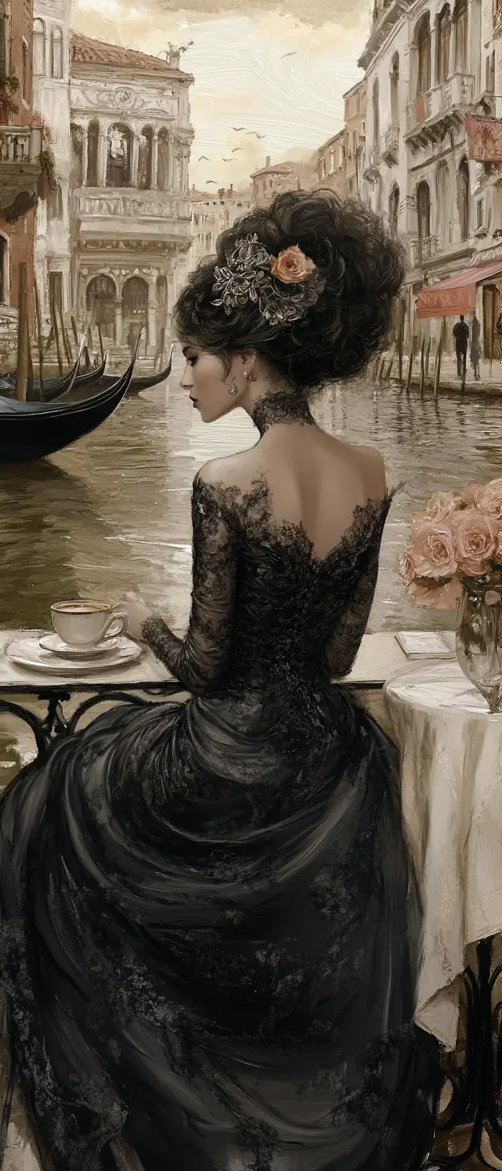 Elegante donna in abito nero al caffè sul canale di Venezia