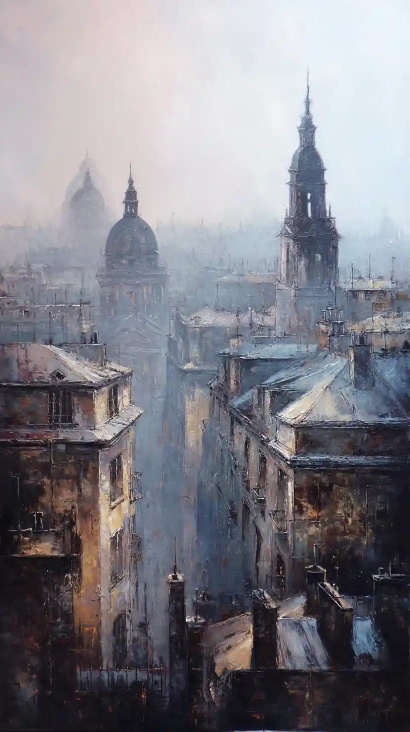 Expressive dry brush painting of a detailed cityscape