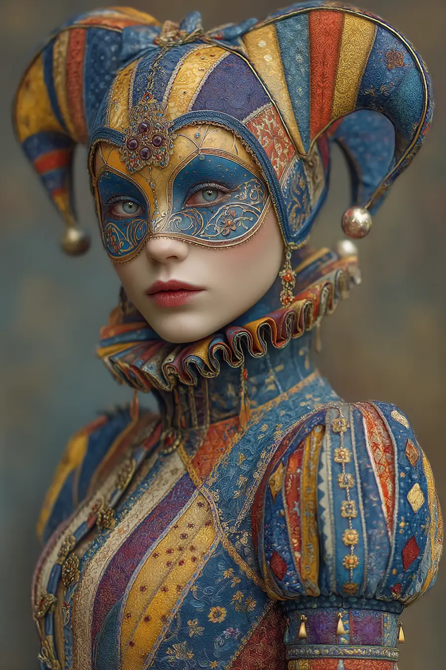 Femme masquée de la commedia dell’arte en portrait de ville coloré