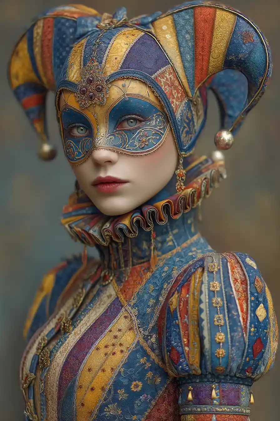 Femme masquée de la commedia dell’arte en portrait de ville coloré