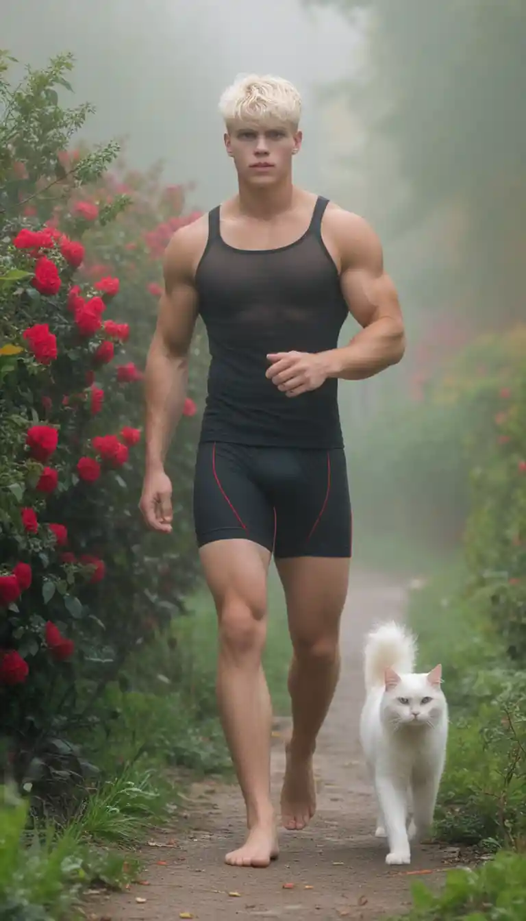 Barefoot young man walking through misty garden path