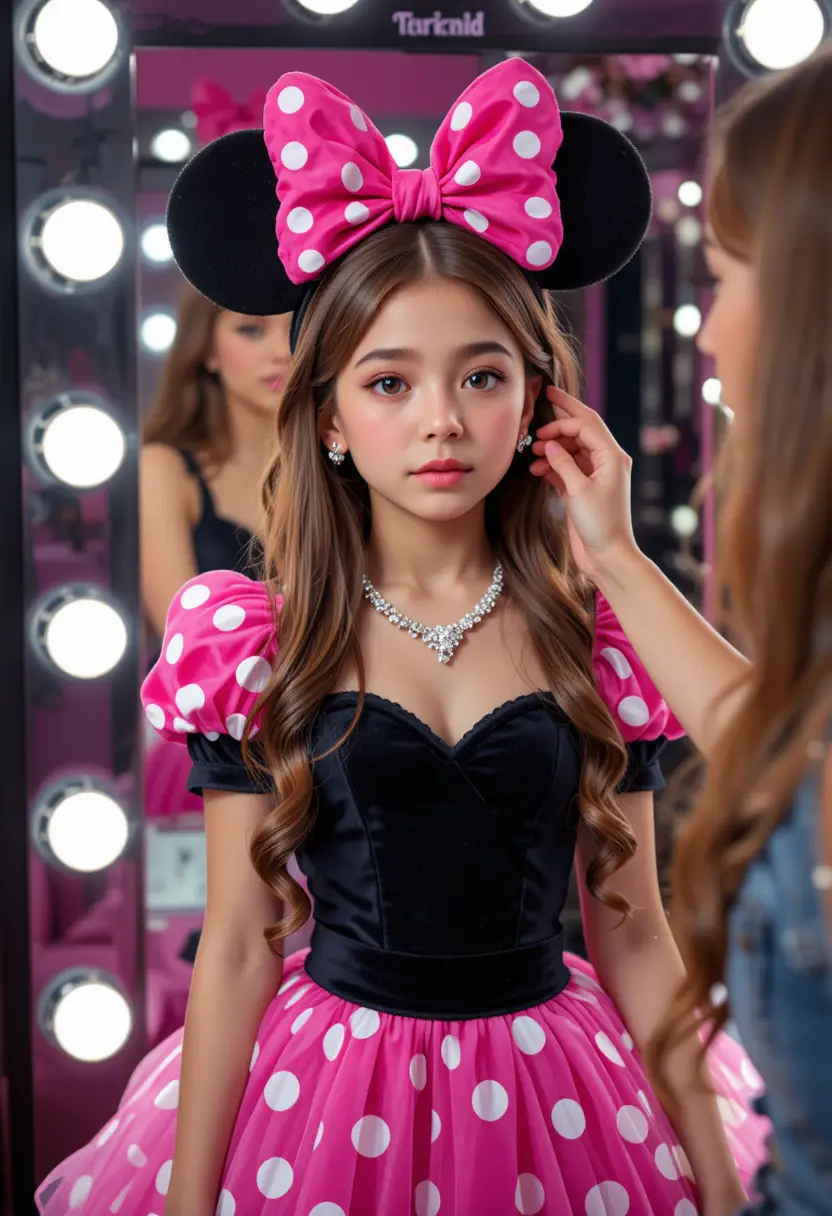 Ragazzo con abito di Minnie si fa truccare nel retro di una boutique