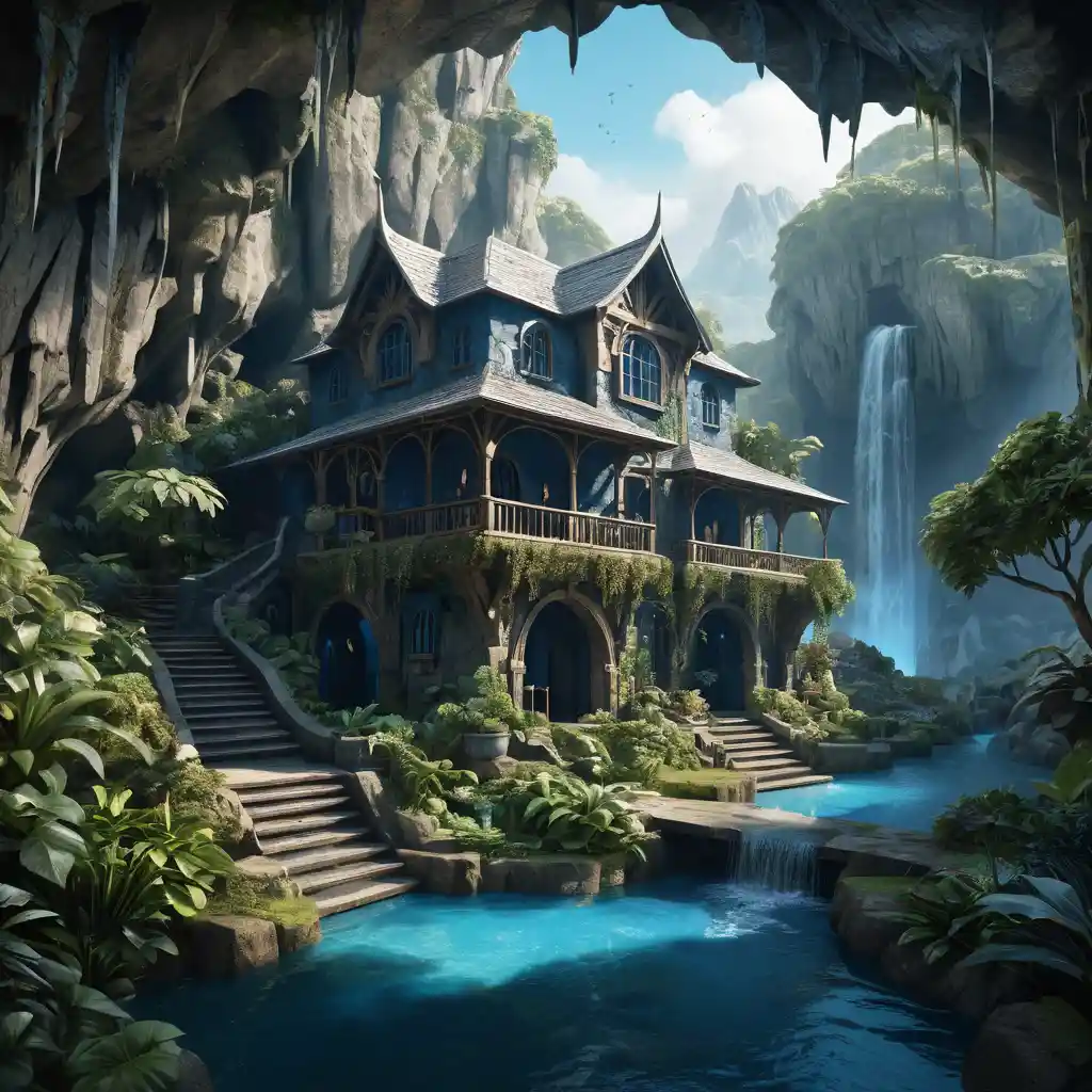 Luxury cave house in a lush fantasy mountain landscape