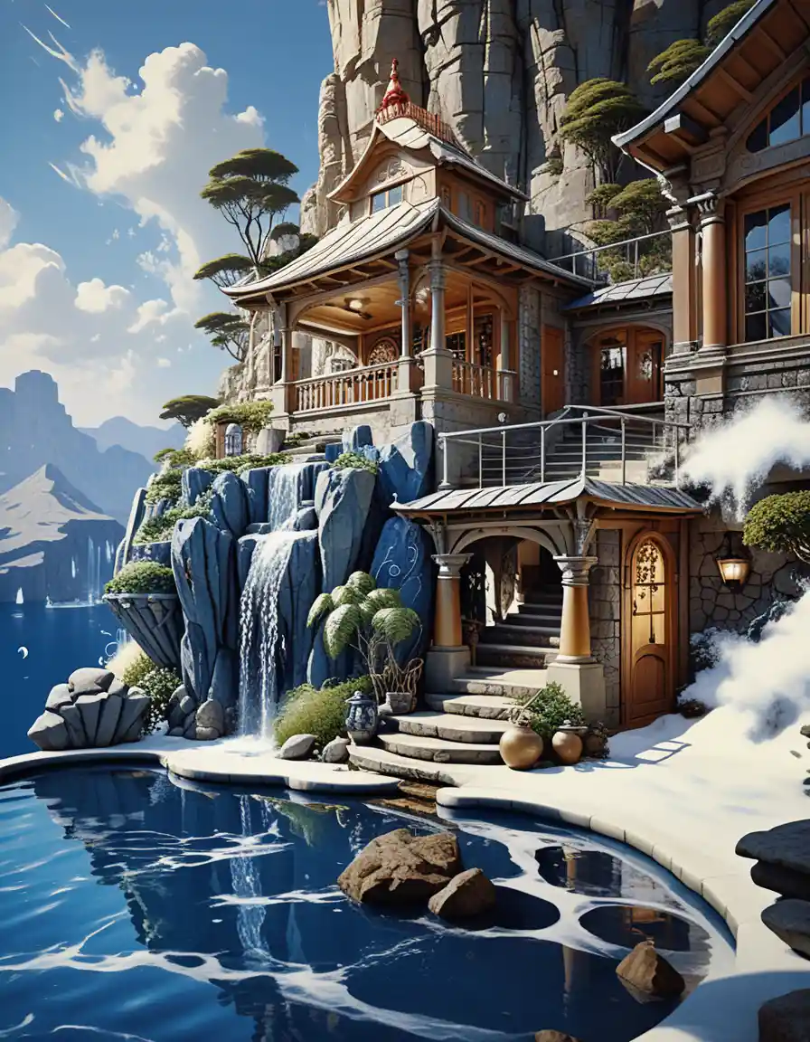 Lussuosa casa grotta a due piani in un paesaggio montano fantasy
