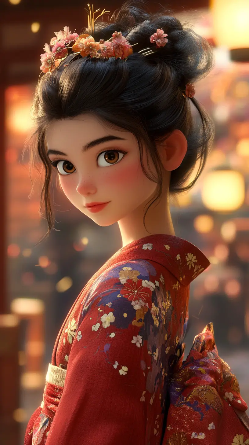 Mujer de anime con kimono rojo y bokeh de brasas brillantes