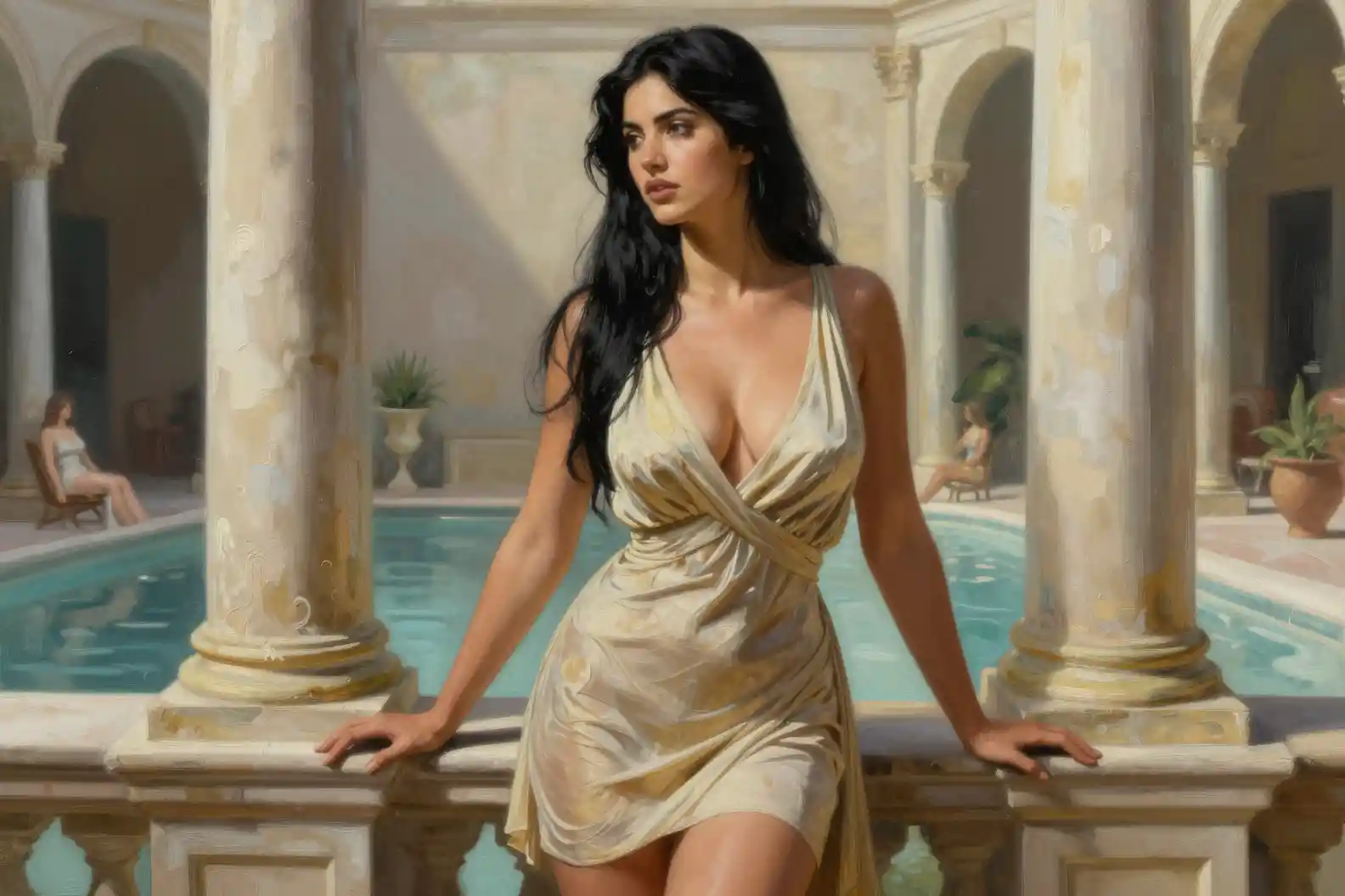 Glamorous woman in revealing roman dress at public bath