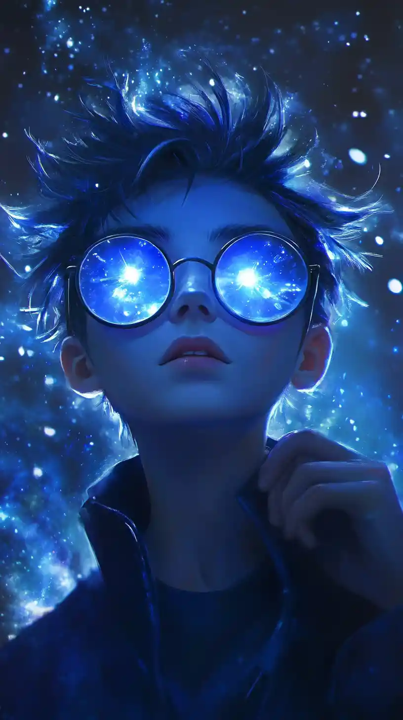 Ragazzo anime con capelli blu luminosi in una scena cosmica