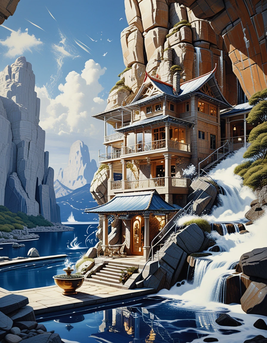 Casa grotta di lusso in un sereno paesaggio montano fantasy