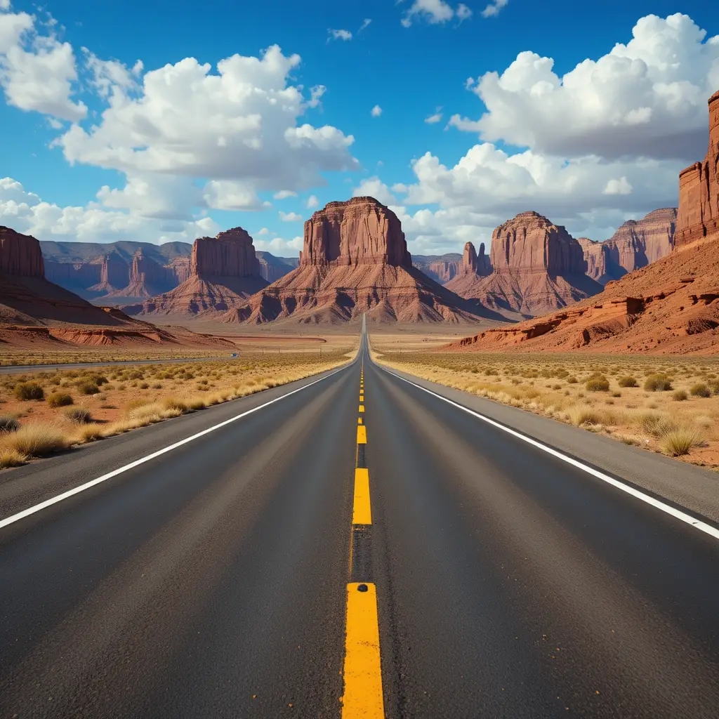 Estrada no deserto levando a imponentes falésias de rocha vermelha