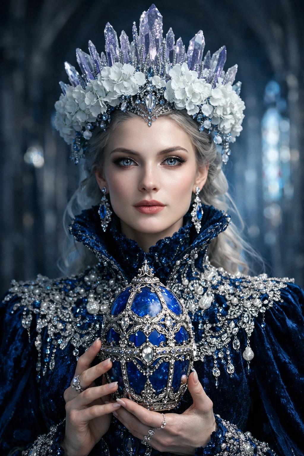 Regal woman with floral crystal crown in gothic cathedral