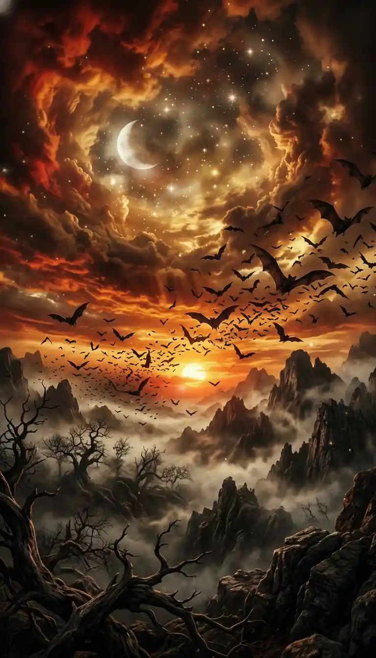 Horror sunset sky with large bats and eerie moonlight