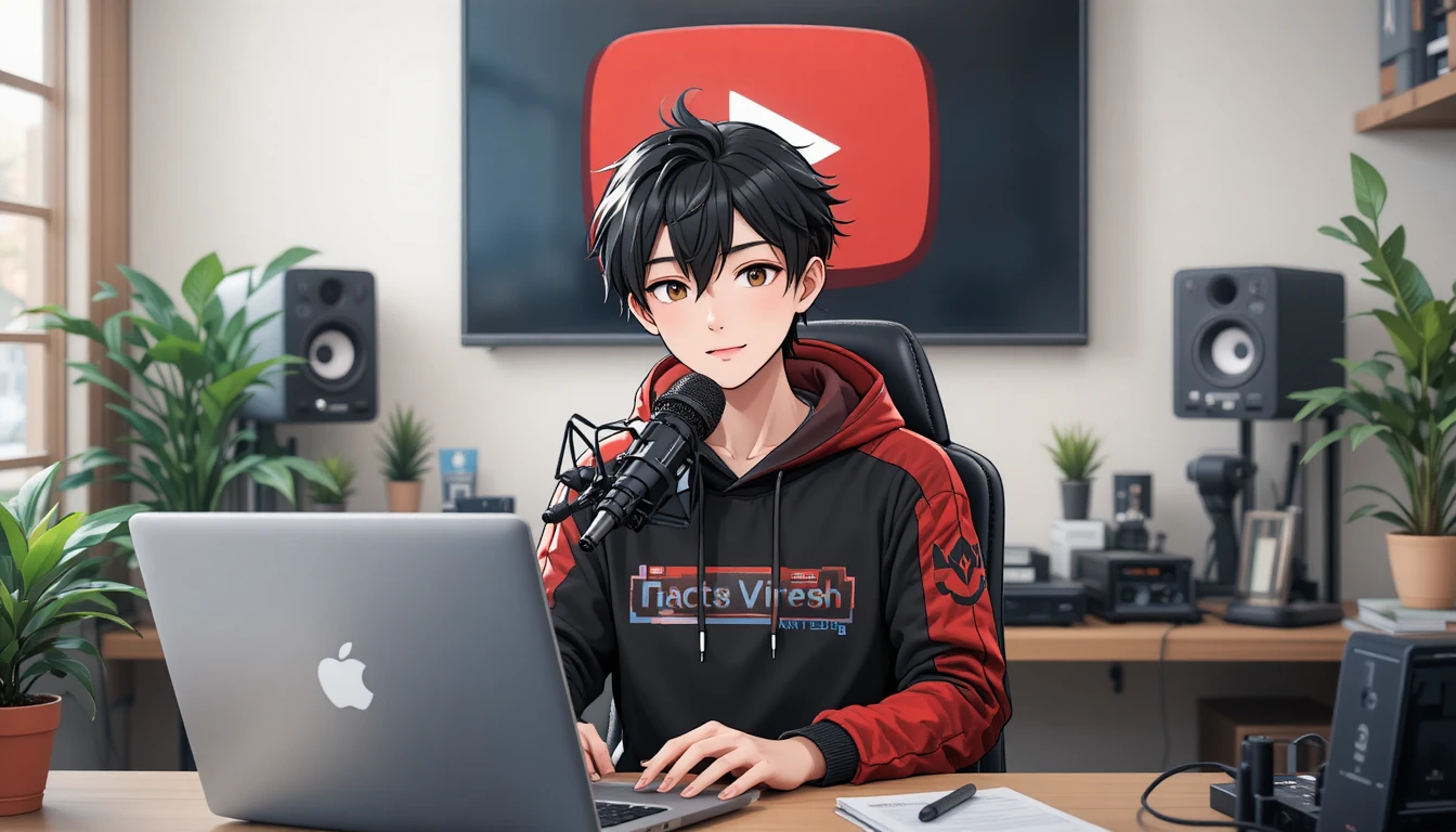 Anime boy recording at computer desk with microphone