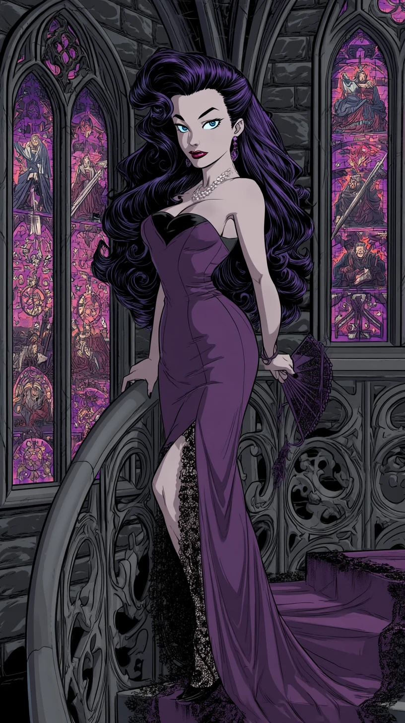 Gothic femme fatale in purple gown on marble steps
