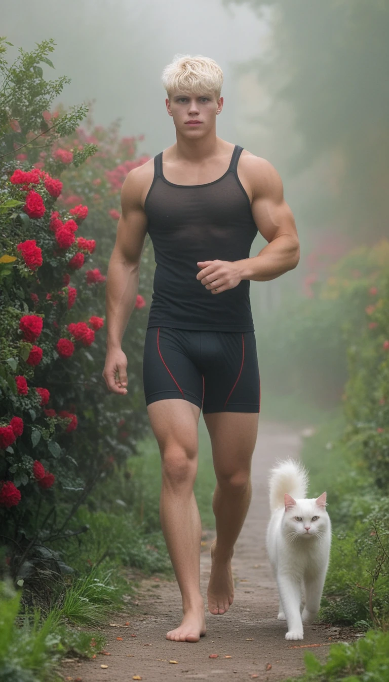 Barefoot young man walking through misty garden path
