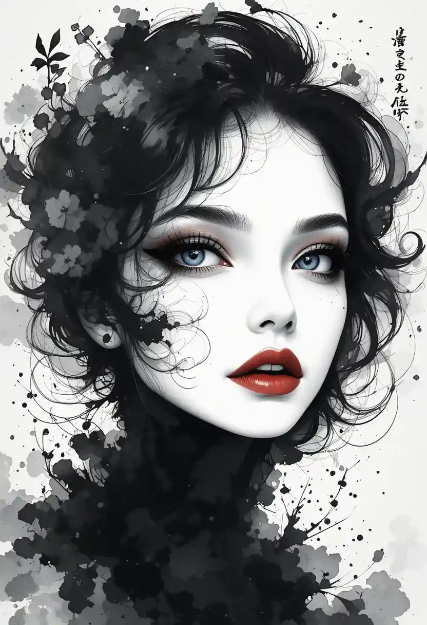 Ethereal ink wash portrait of a woman with blue eyes