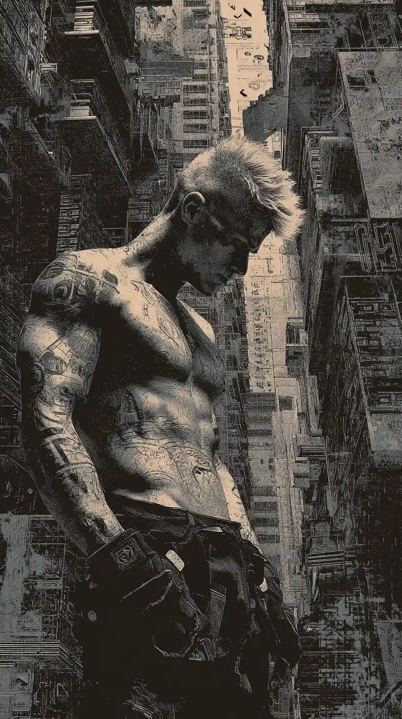 Cyberpunk warrior in a dual tone surreal concrete cityscape