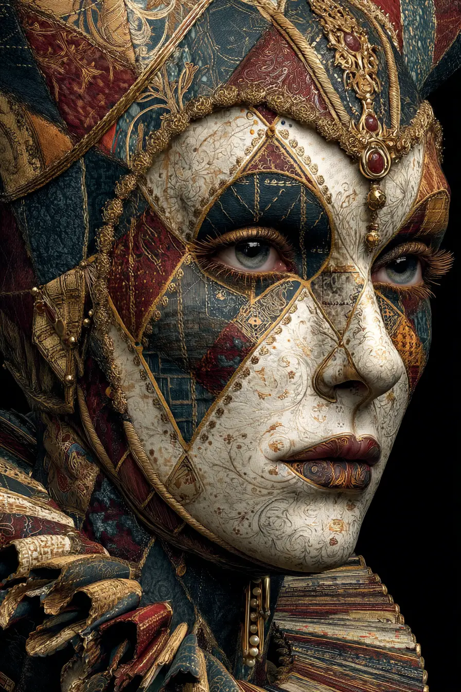 Femme masquée de la commedia dell’arte en somptueux costume aux tons de bijoux