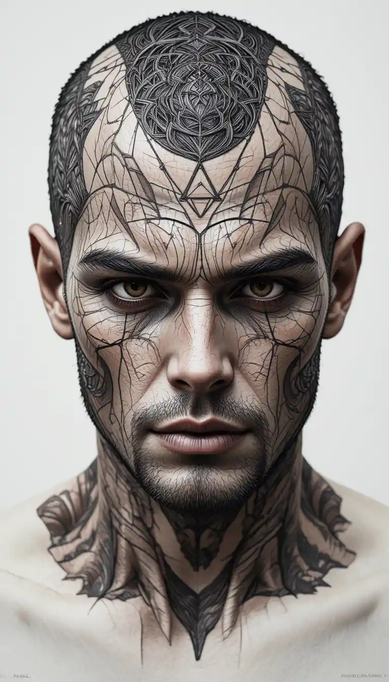 Zeus head and body tattoo illustration on white background