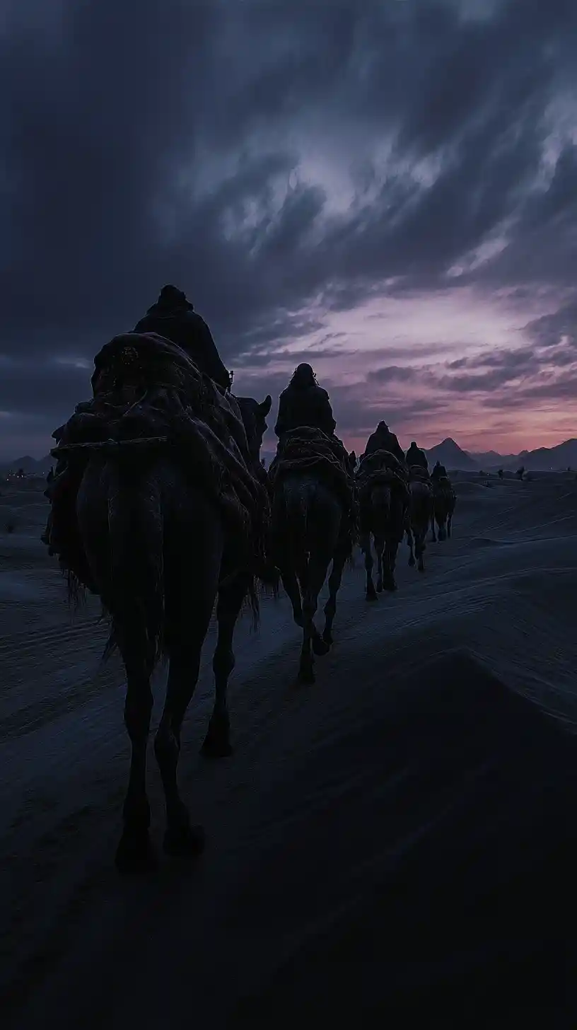 Camel caravan crossing a cursed desert at fading light