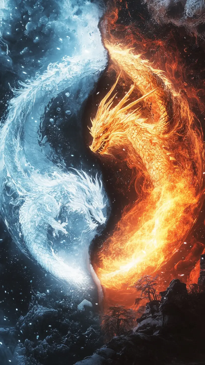 Yin yang design with opposing ice and fire dragons