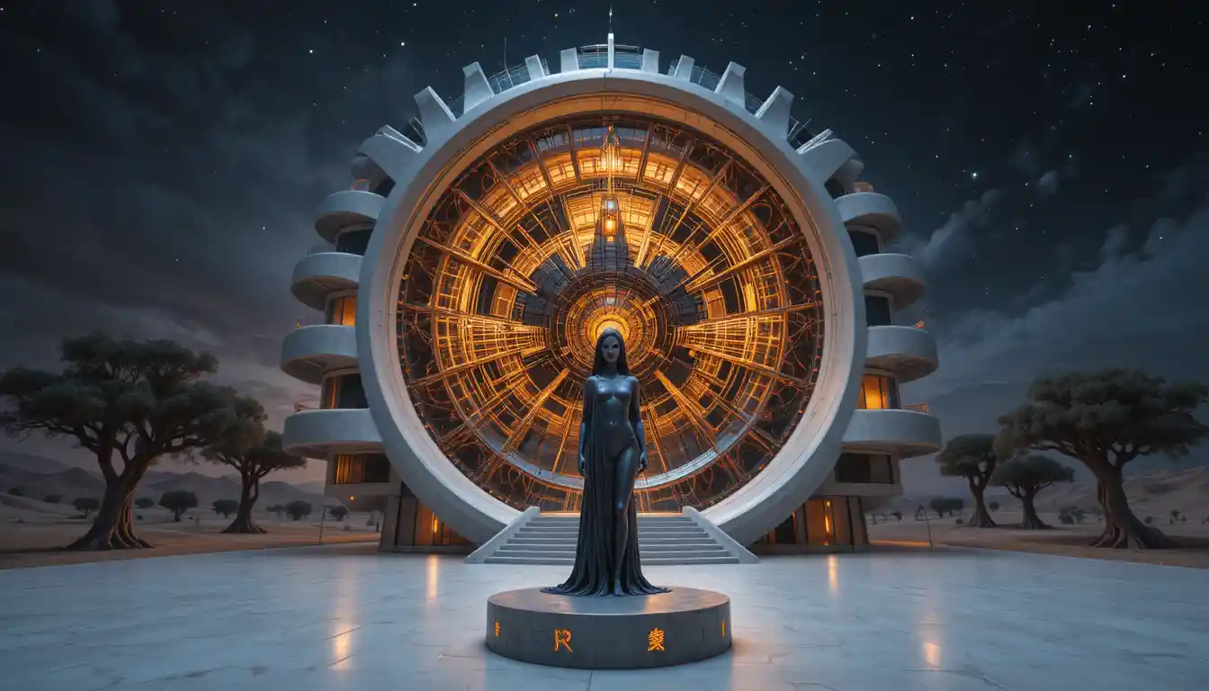 Edificio a spirale futuristico che illumina un deserto tranquillo