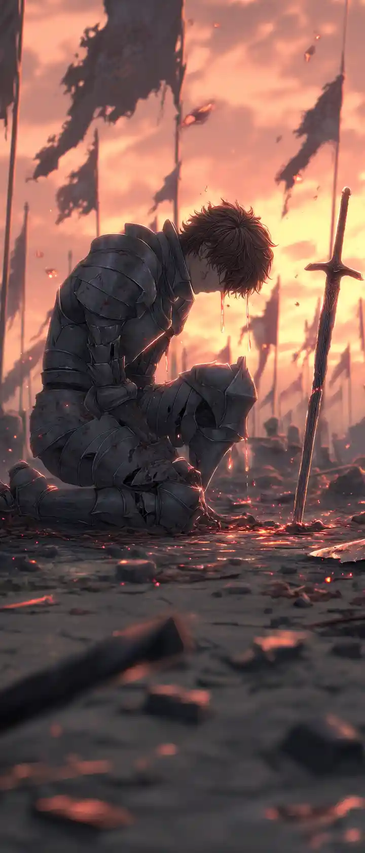 Defeated warrior kneels as his shattered sword falls