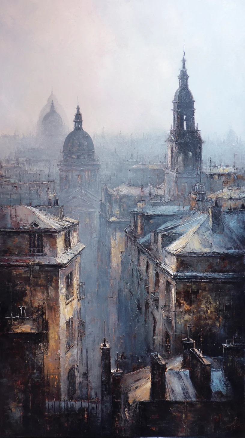 Expressive dry brush painting of a detailed cityscape