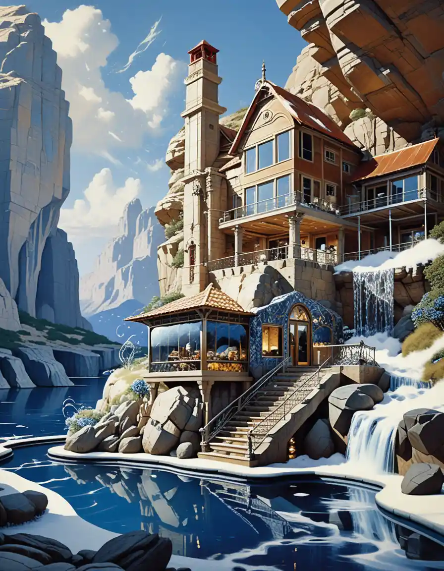 Casa grotta di lusso in un rigoglioso paesaggio di montagna fantastico