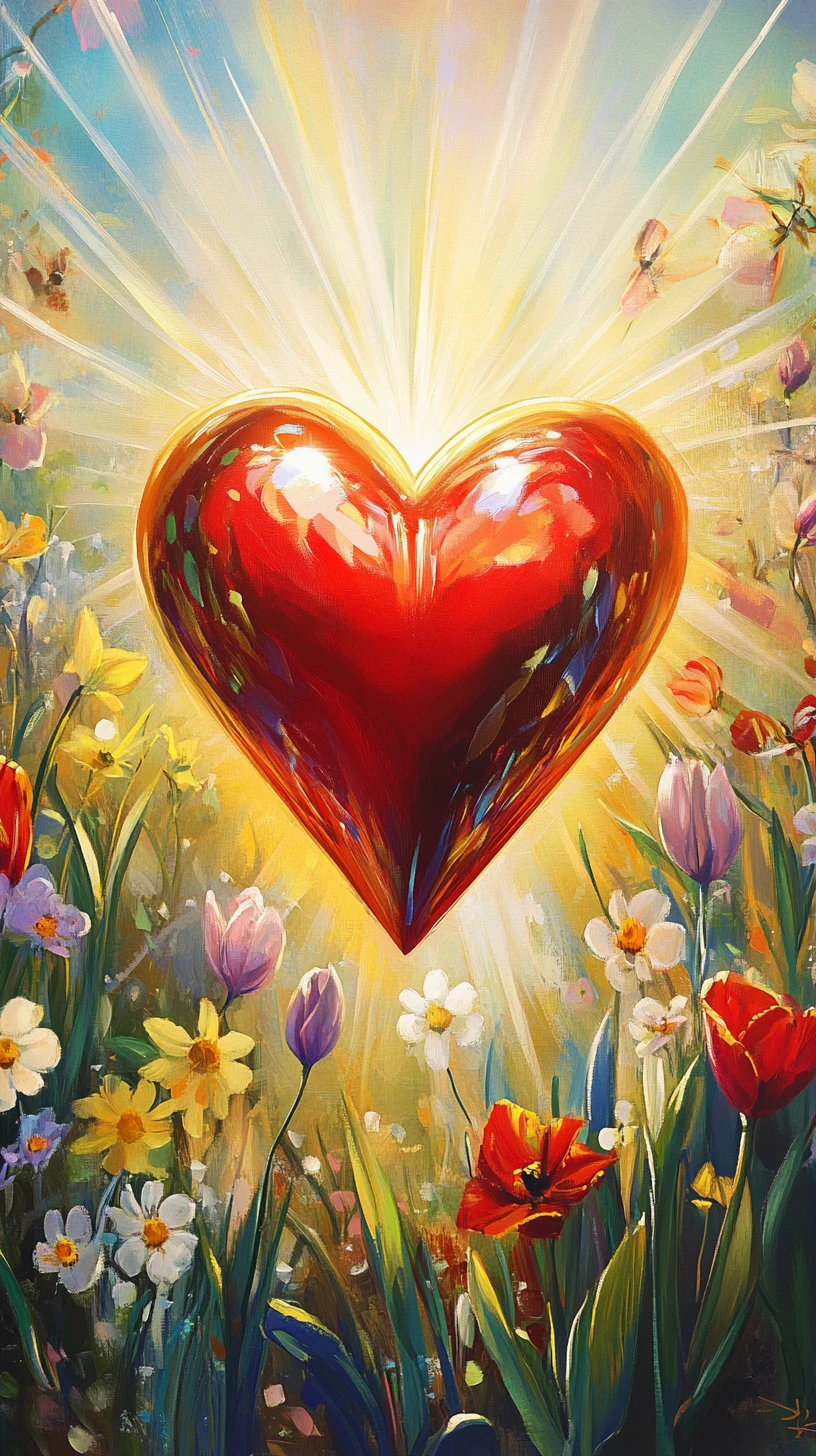 Glowing red heart dancing in a sunny spring flower field