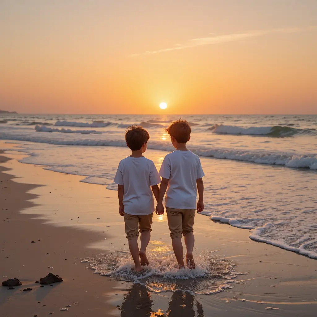 Two children walking together along the beach at sunset