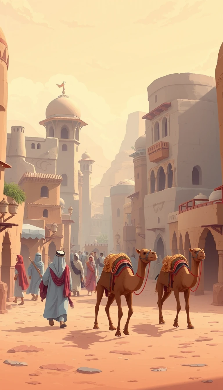 Antica città araba in stile cartone animato con cammelli e persone che camminano