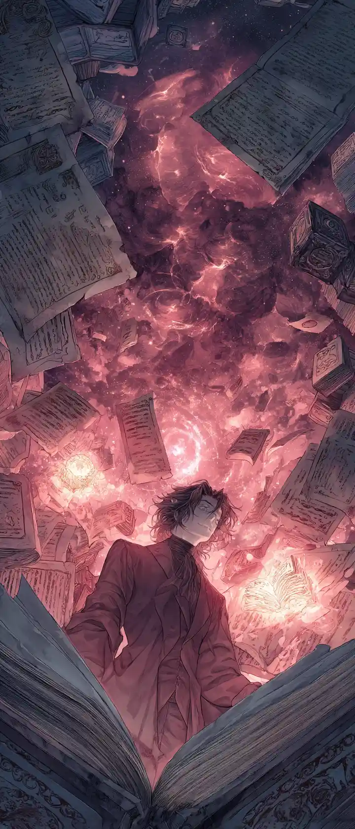 Erudito vampiro desatando magia de sangre cósmica en la biblioteca