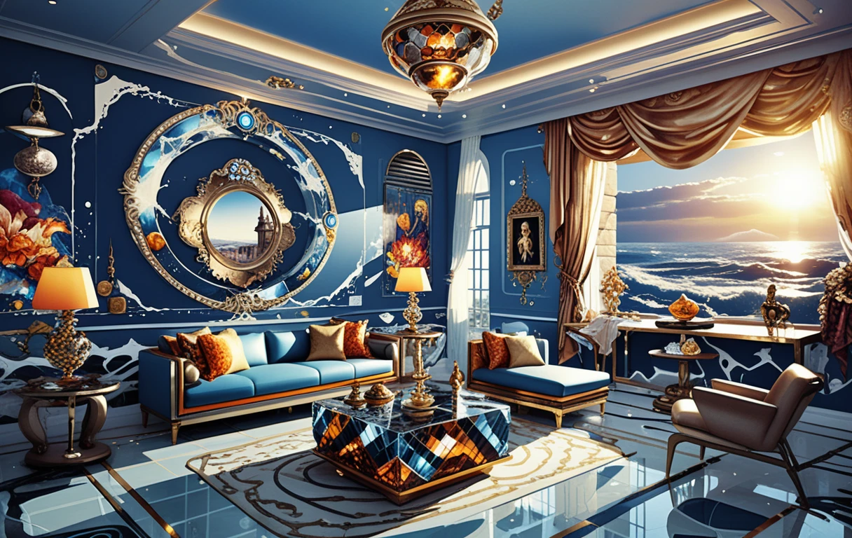 Interni di villa dark fantasy con lounge e cucina di lusso
