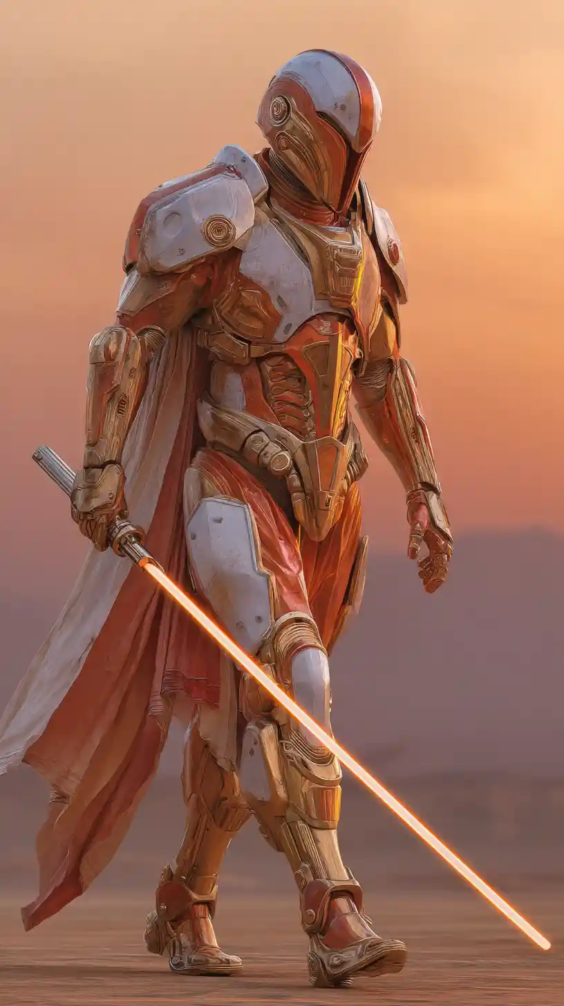 Futuristic knight with glowing lightsaber at golden dusk