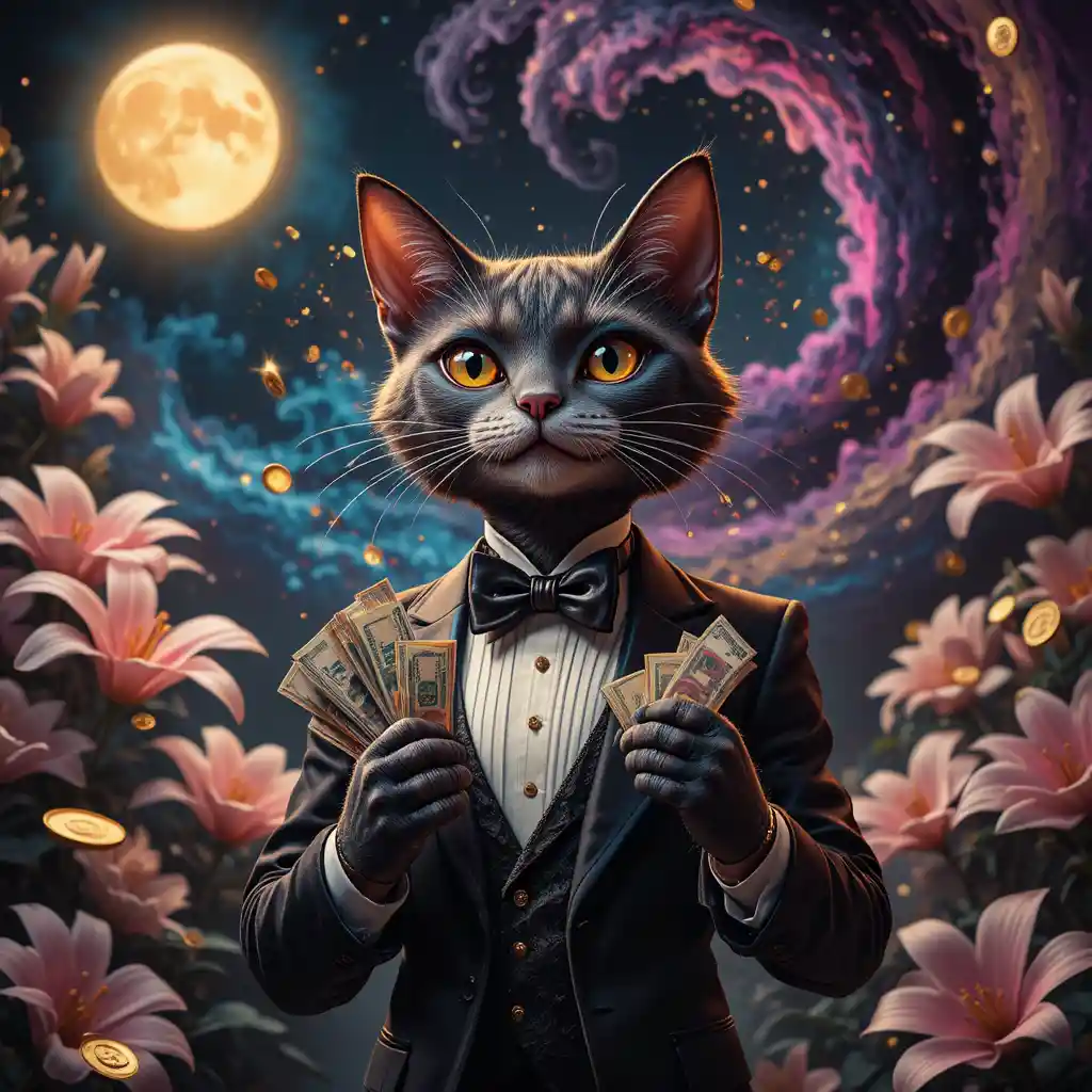 Anthropomorphic tuxedo cat with money in cosmic nebula