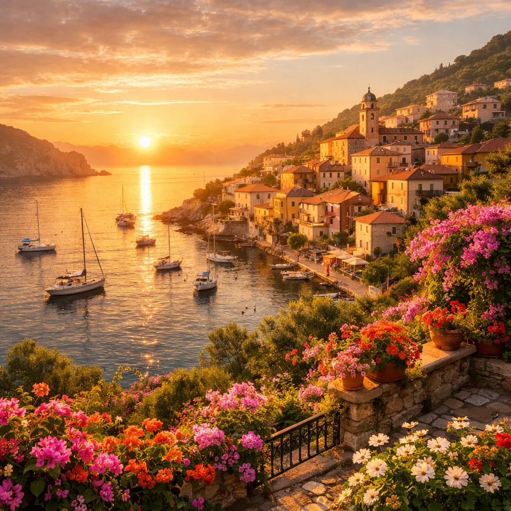 Sonnenaufgang über einem friedlichen mediterranen Hügeldorf