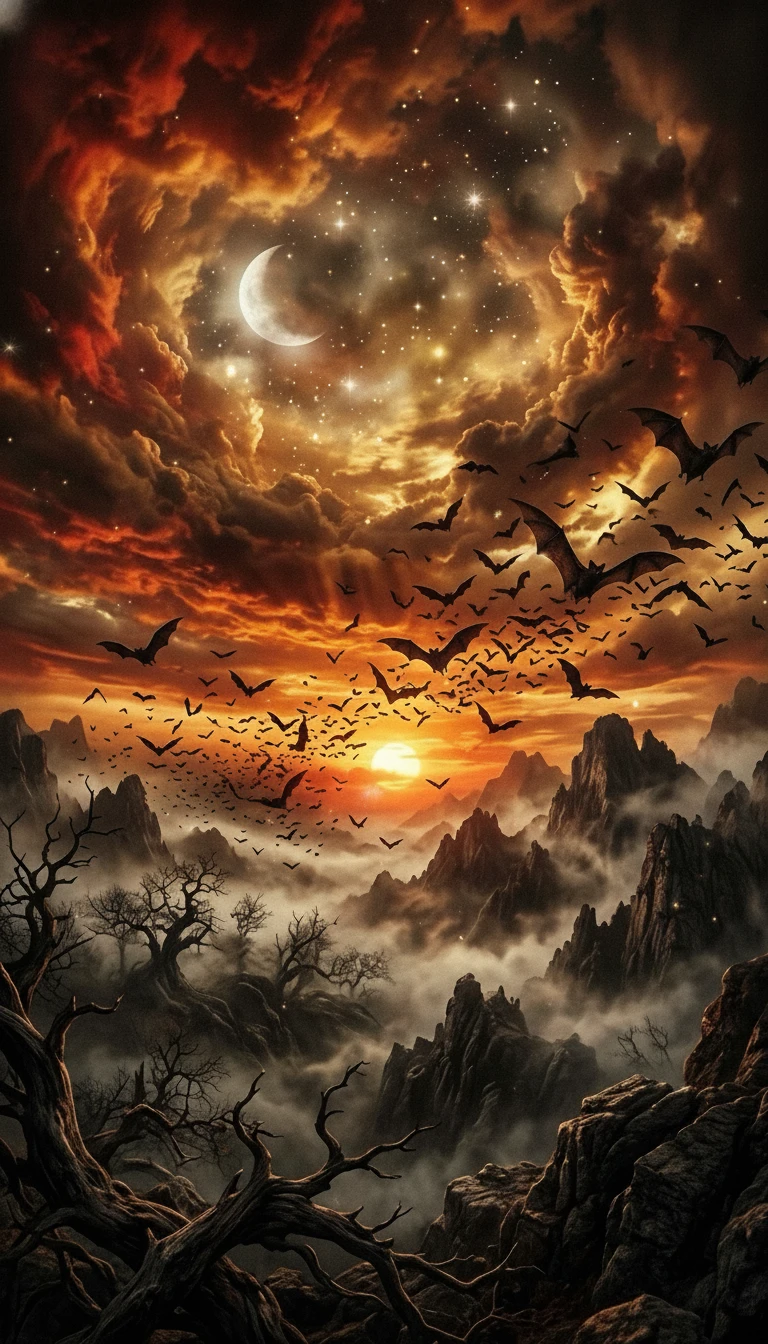 Horror sunset sky with large bats and eerie moonlight
