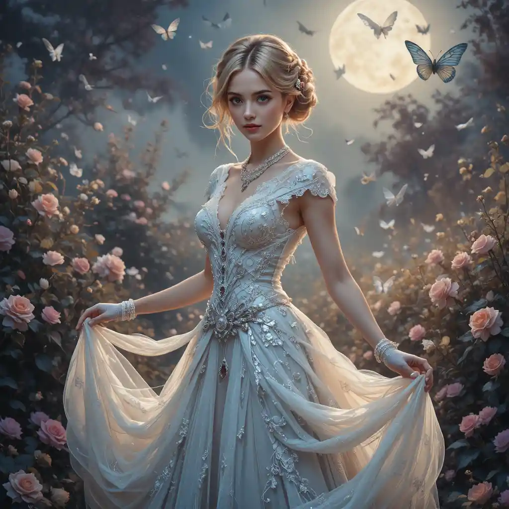 Young noble lady dancing in a dreamy flower garden