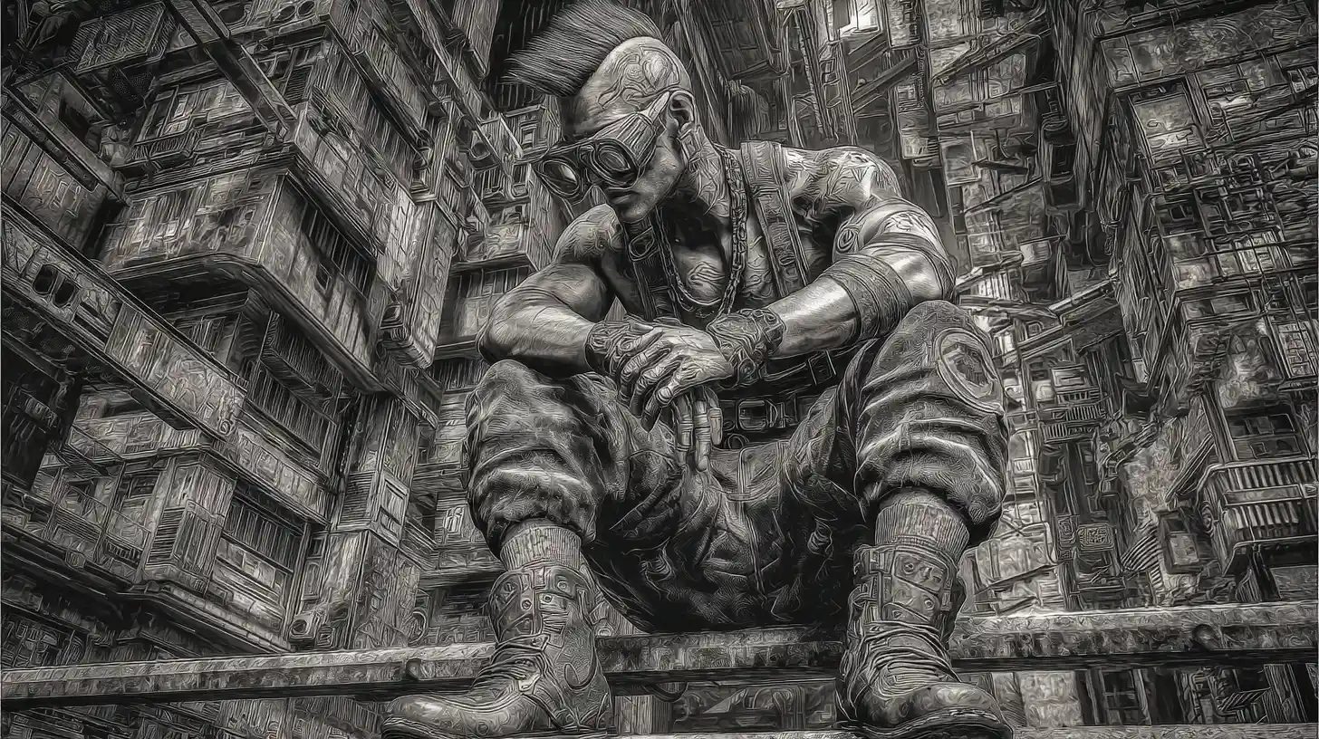 Muscular cyberpunk warrior in surreal dual tone cityscape