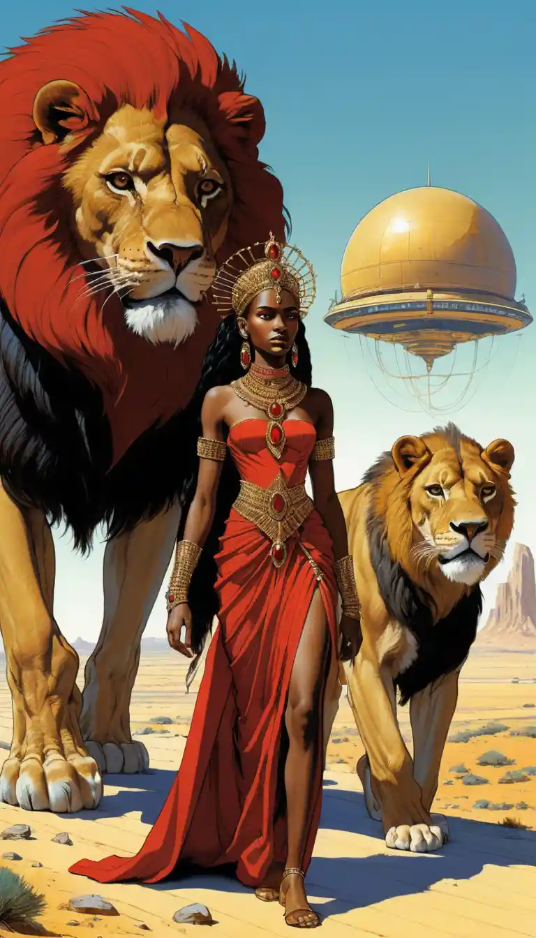 African princess walking beside crowned lion in vintage illustration