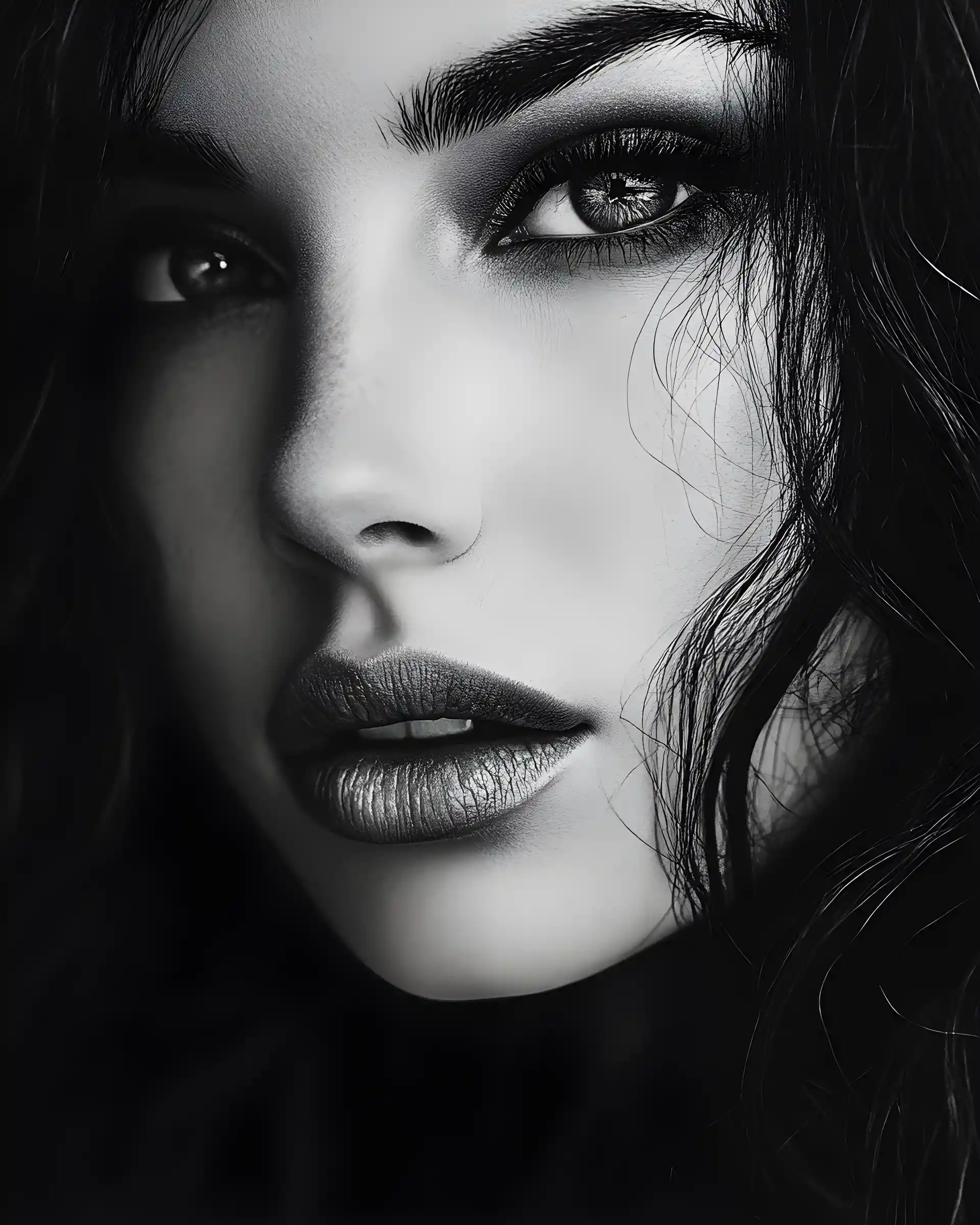 Dramatic black and white portrait of a stunning woman