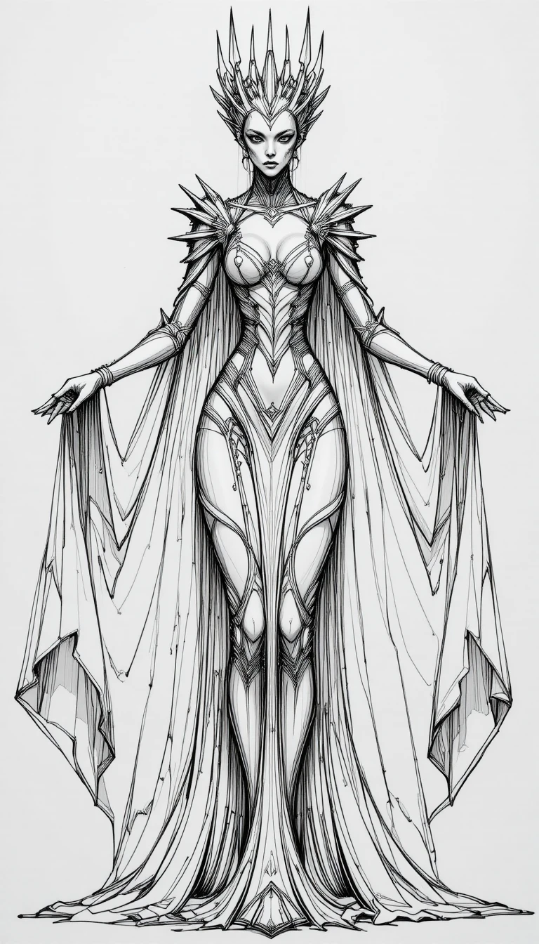 Regal fantasy queen with flowing cloak in line drawing