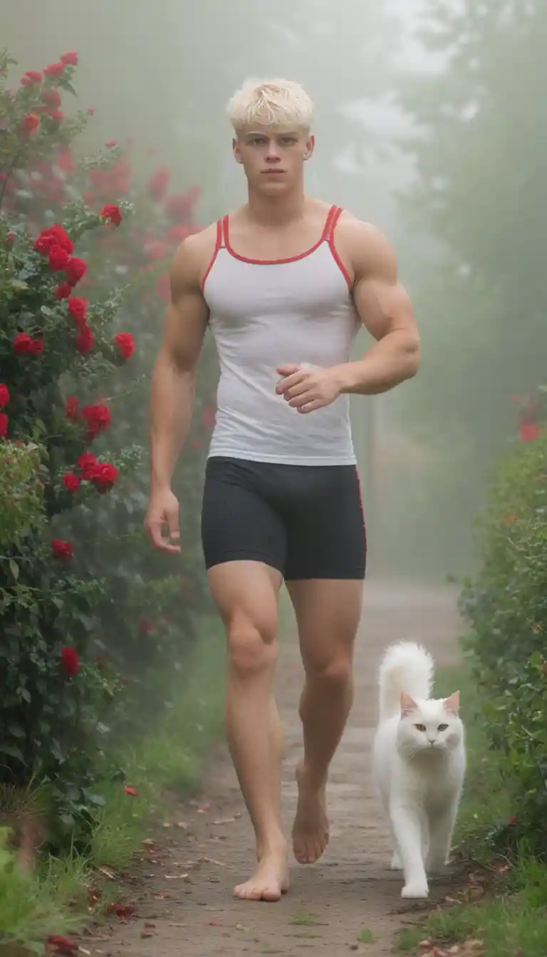 Young man walking barefoot in a misty garden path