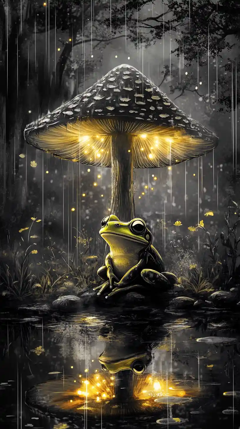 Smiling Frog Under A Glowing Mushroom In Charcoal Garden