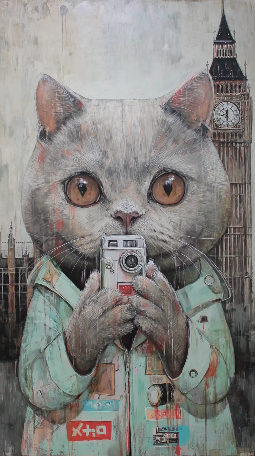 Gato cinza de capa de chuva tirando selfie ao lado do Big Ben em Londres