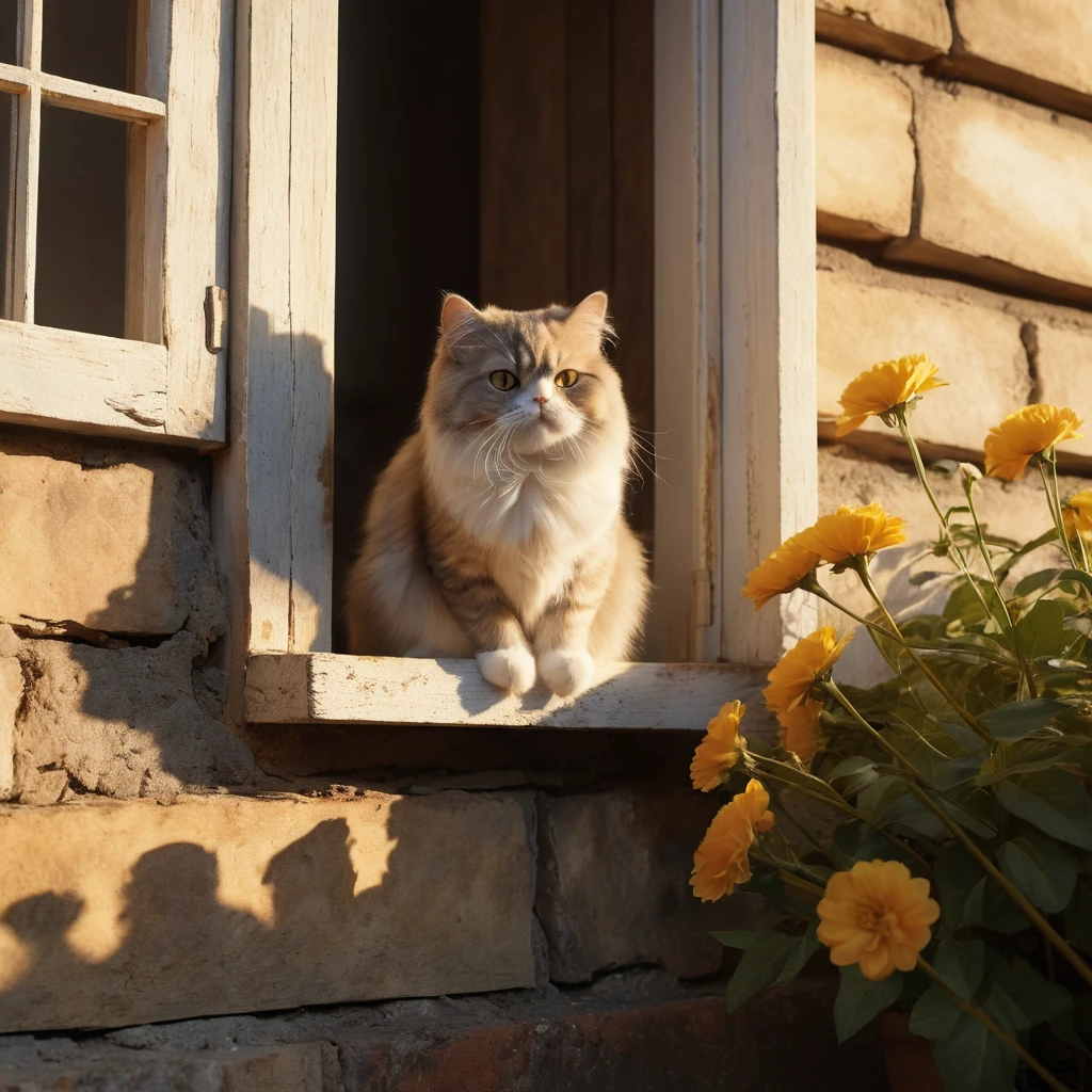Perserkatze beobachtet Mauseloch an sonnenbeschienener Cottage-Mauer