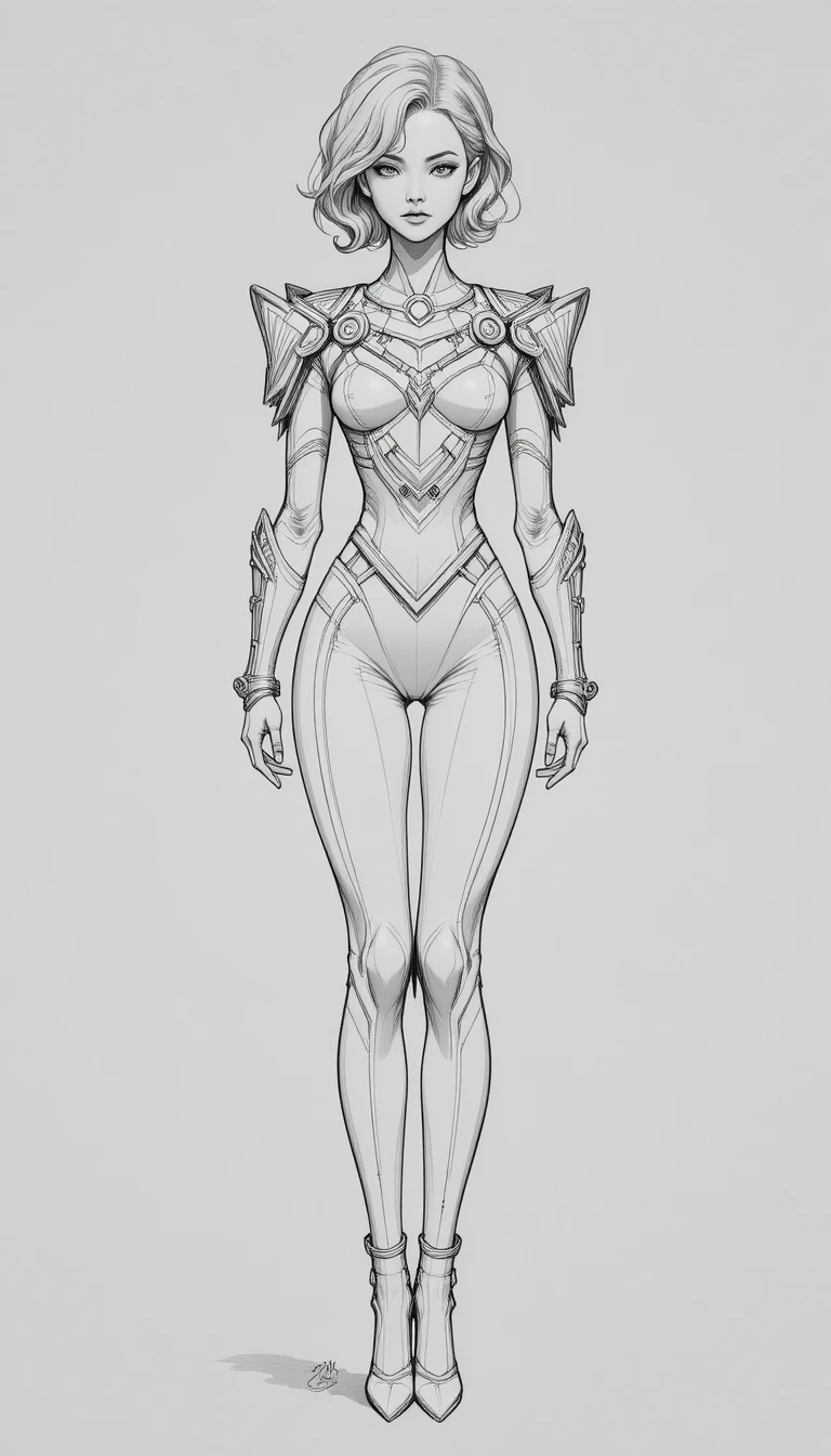 Elegant armored woman in a graceful full body pencil sketch
