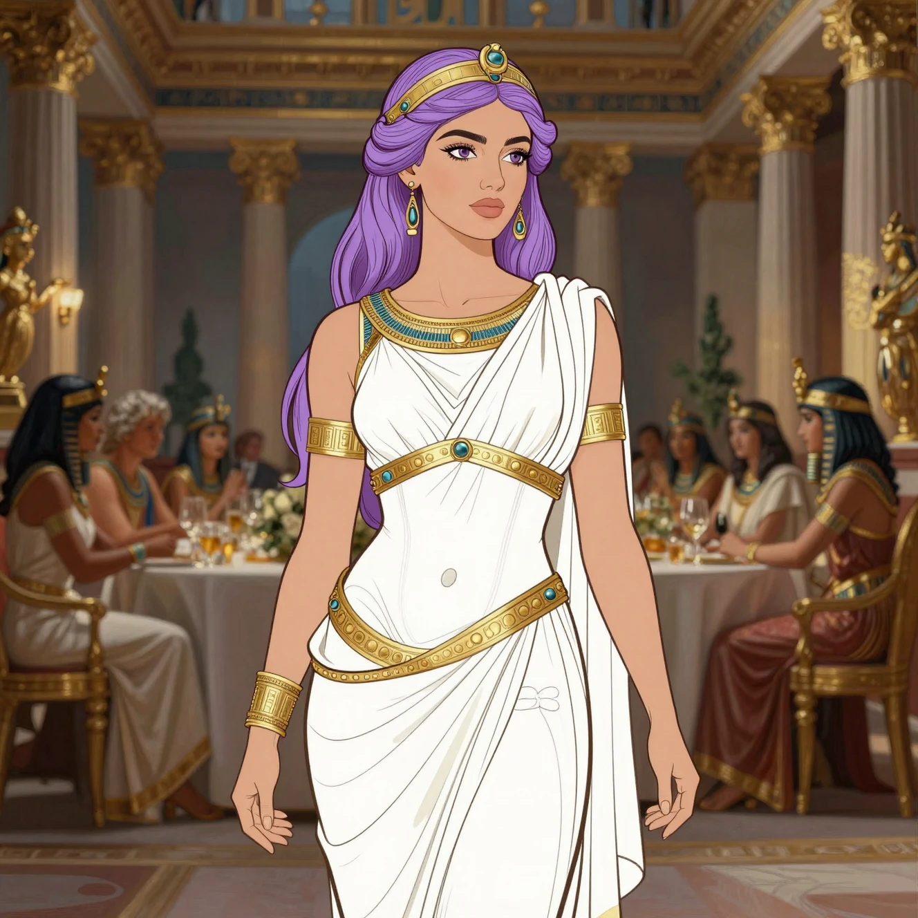 Lilac haired roman princess in a golden toga gown