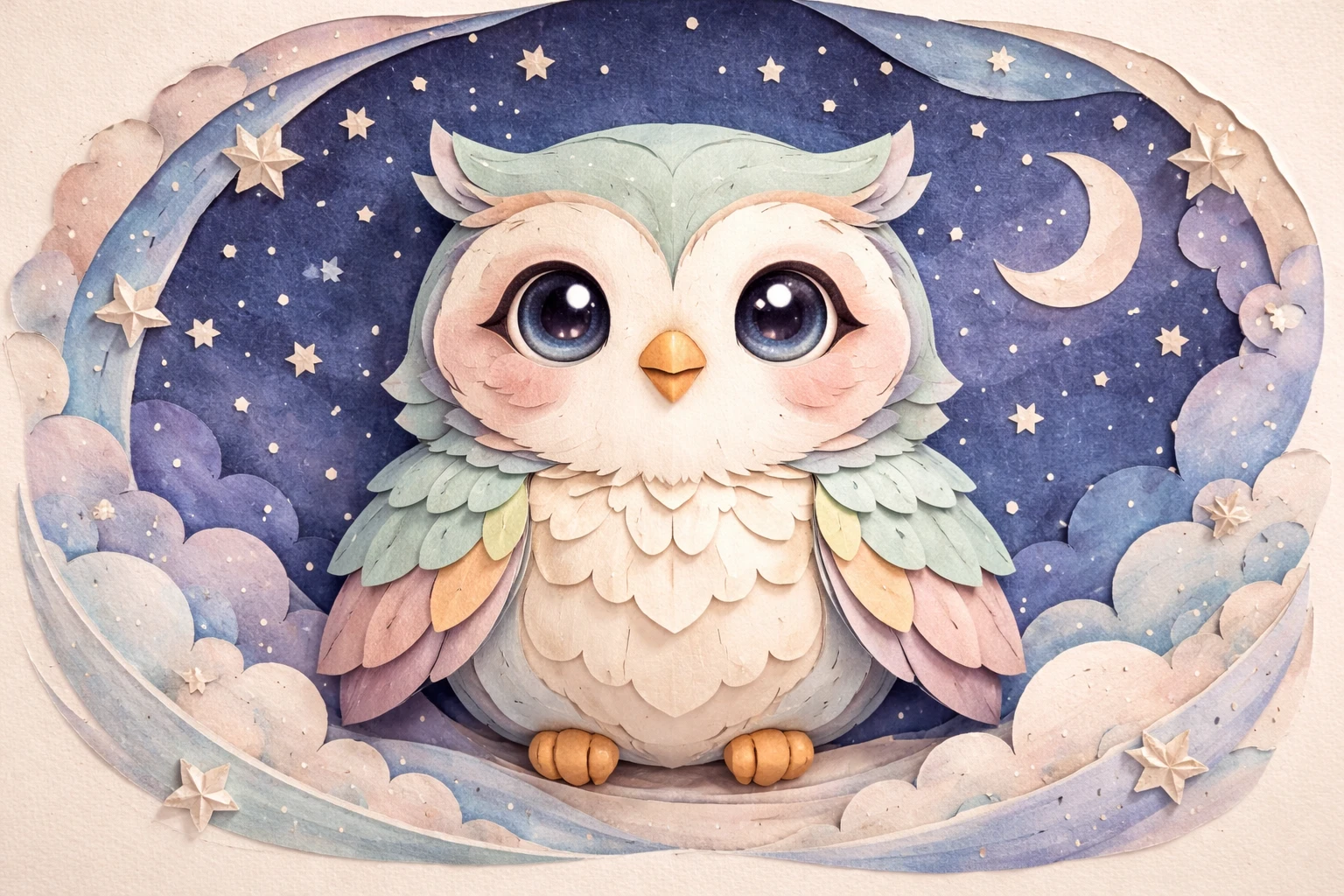 Cute papercraft owl against a dreamy starry night sky