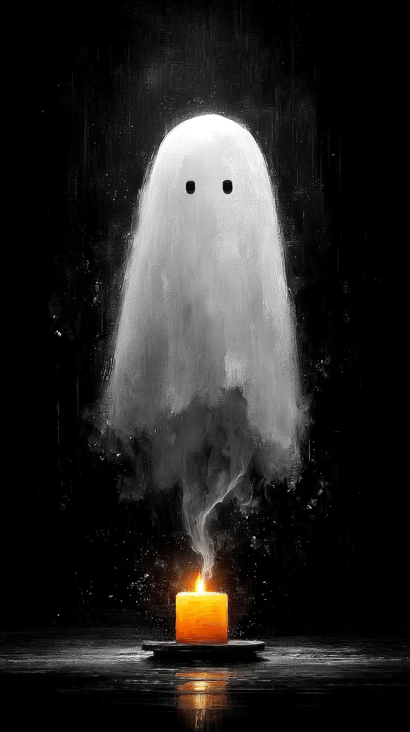 Cute ghost floating above an unlit candle in darkness